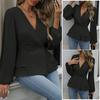 Women Tops V Neck Long Sleeve Slimming Blouse Waist Tight Ruffle Trim Hem Solid Color Shirt Tops Daily Wear