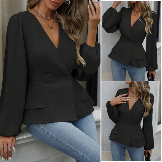 Women Tops V Neck Long Sleeve Slimming Blouse Waist Tight Ruffle Trim Hem Solid Color Shirt Tops Daily Wear