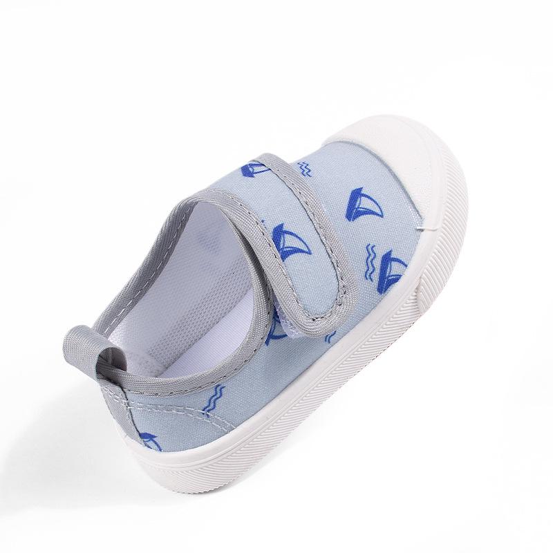 Spring 2026 Kids' Canvas Shoes: Printed Toe Cap, Velcro Closure, Anti-Kick Soft Sole, Toddler-Friendly.