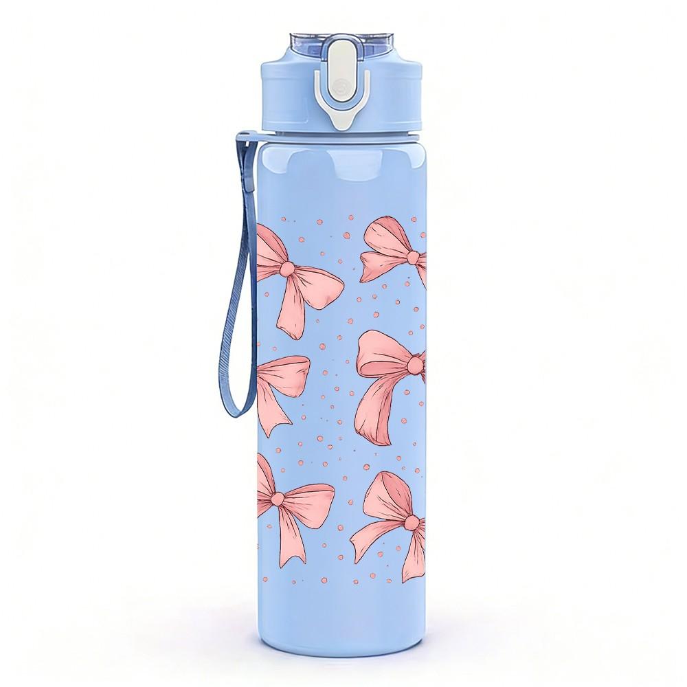 1PC Repeating Pink Bow Grid Texture 750ml Color Plastic Sports Water Bottle Leakproof Flip Straw Lid For Sports Office Home Use