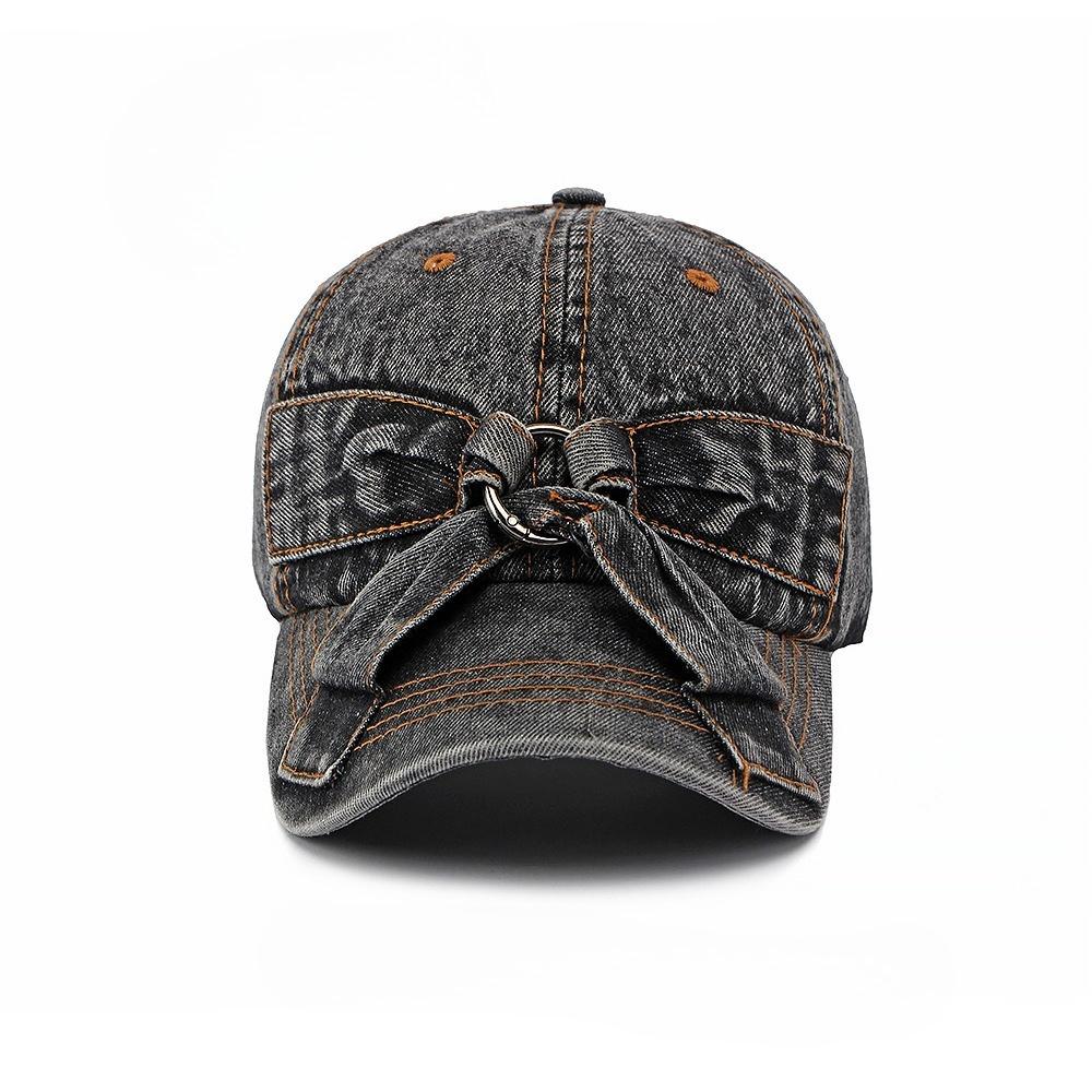 Korean Fashion Denim Bow Baseball Cap, Washed Vintage Women’s Sun Hat, Casual Soft Brim Duckbill Cap for Streetwear