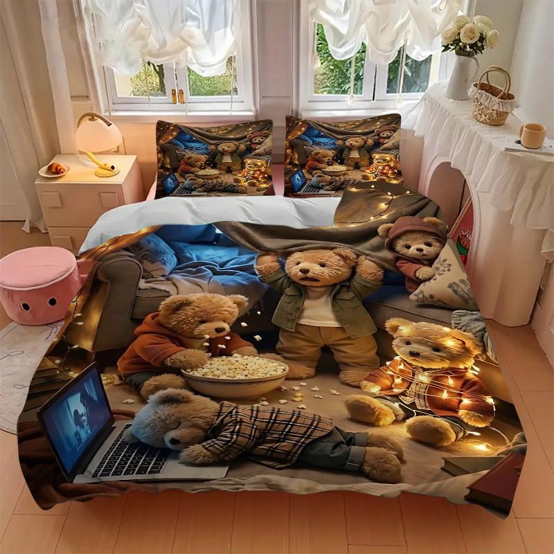 3-teiliges Anime-Teddybär-Bettwäscheset - Enthält einen Bettbezug und zwei Kissenbezüge (Kein Kern) - Perfekt für Schlafzimmer- und Gästezimmerdekoration,