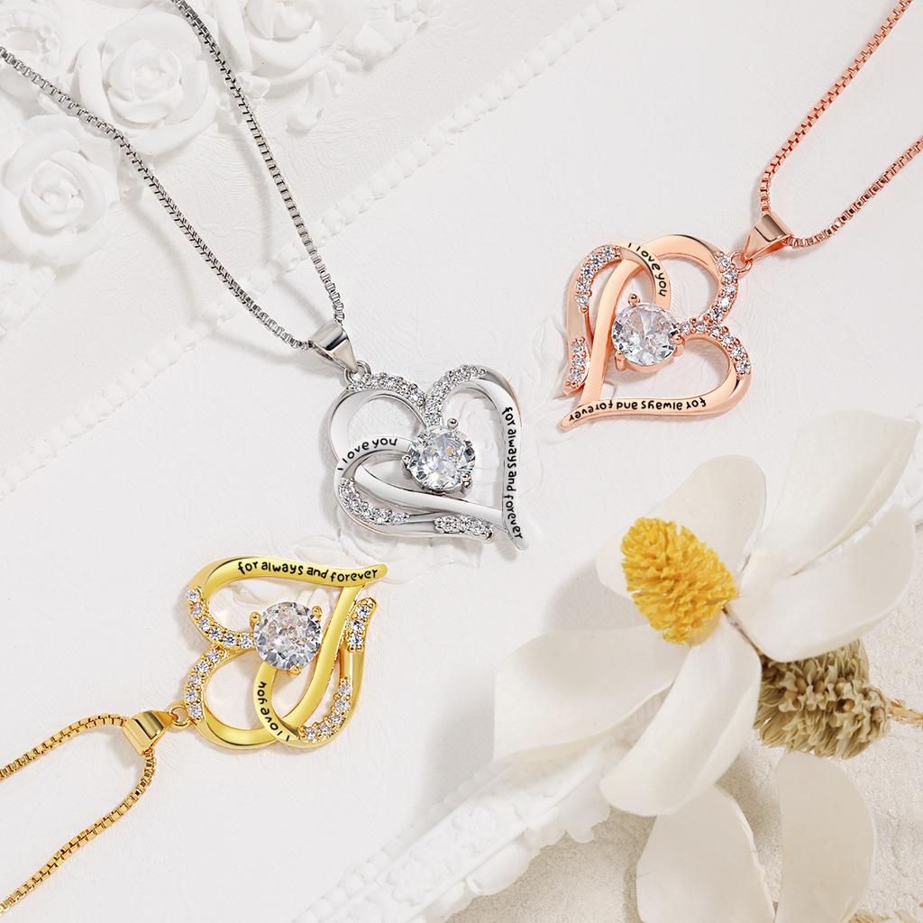 Female Heart Pendant Female, Diamond-Set Romantic Clavicle Chain Double Love Necklace