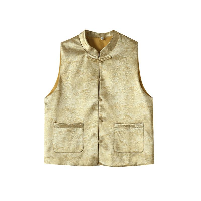 Spring and summer new temperament woven gold jacquard vest retro zen simple stand-up collar disc buckle women's vest