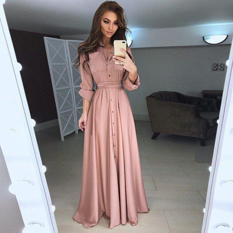 New Fashion Long Sleeve Plus Size Chiffon Dress Women Clothing Solid Button Up Lace-up Midi Loose Dress Woman Elegant Round Neck Casual Dresses 24772