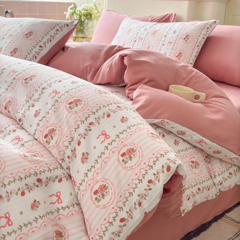 Class A Fresh Four-Piece Set: Washed Cotton Bed Sheet & Duvet Cover with Double Layer Gauze - Home Bedding Collection