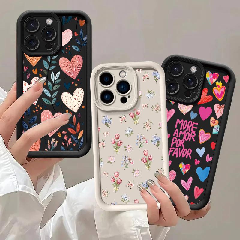 Love Heart Leaves Flower Case For Iphone 17 16 15 14 13 12 11 Pro Max 17 Air 16E Plus Silicone Matte Protection Shockproof Cover
