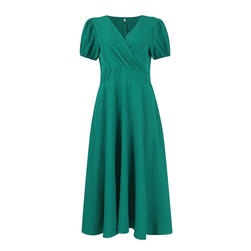 Women's Solid Color Sexy V-neck Short Sleeved Mid Skirt Dress