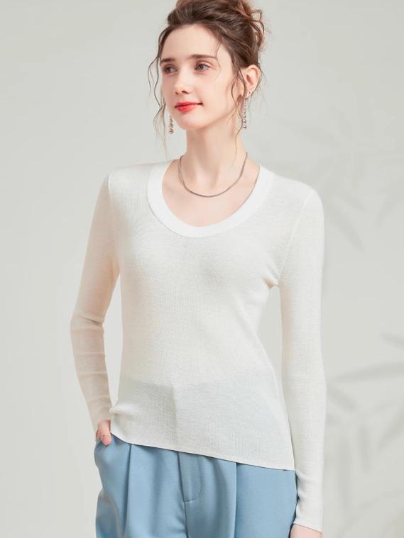 Mulberry Silk & Wool Slim-fit Long-sleeve Knit Top - Women's Versatile Early Autumn Style
