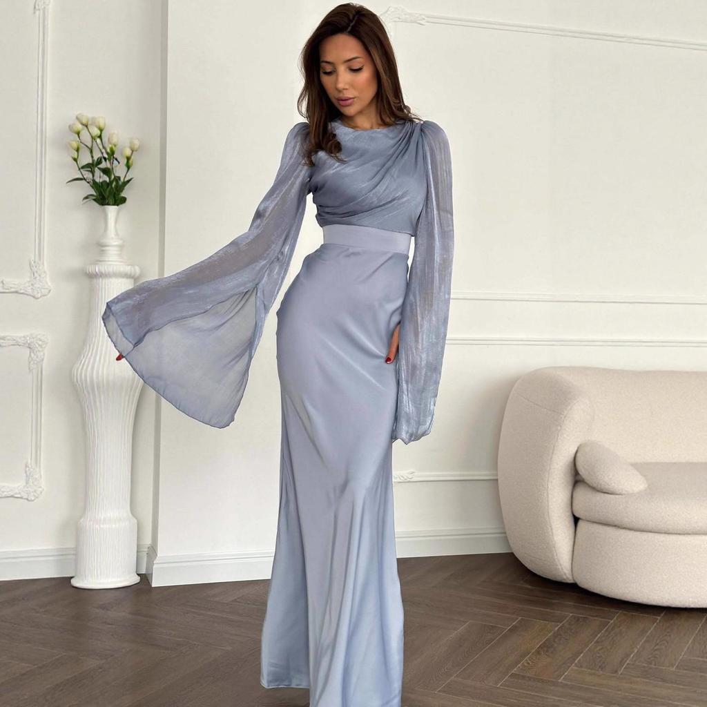 Elegant Slim Fit Satin Dress with Slit - Long Sleeve, Shiny, and Hip-Hugging for Autumn/Winter