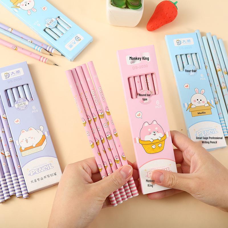 Great Sage Cartoon HB Pencil Set - 6 Poplar Round Rods, Cute Stationery for Elementary Students and Kids