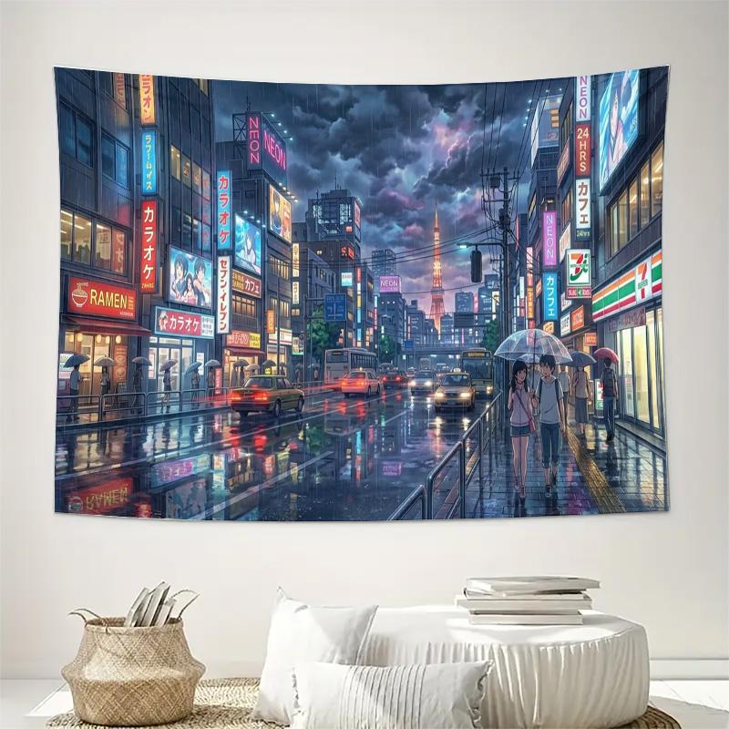 

okyo Rainy Night City Street Neon Lights Wall Tapestry Machine Washable All Season Decor Print Urban Anime Landscape Design Home 74x94cm(29x37in)