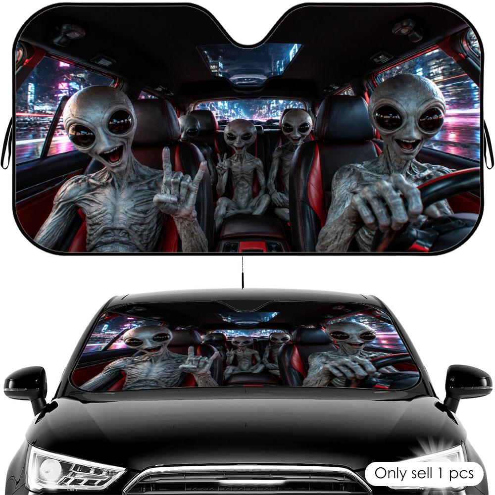 Alien Road Trip Crew Sun Visor Car Front Windshield Shade UV Block Heat Shield Foldable Universal Fit Cover