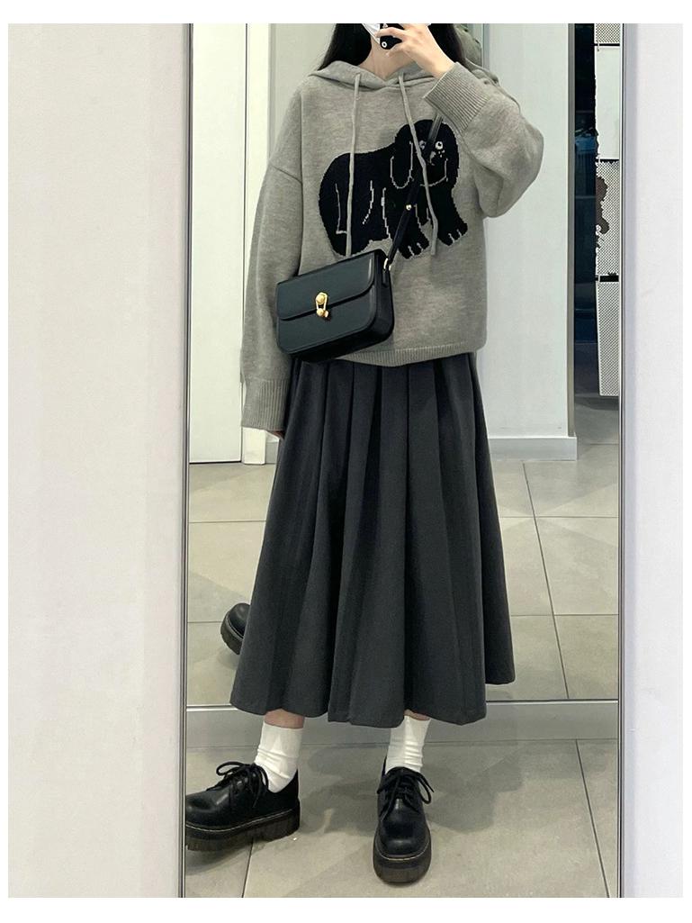 

Gray Plus Size High Waist Soft Waxy Pleated Wool Skirt - Mid-length A-line for Women, Autumn Slimming XL (Premium Quality) темно-серого