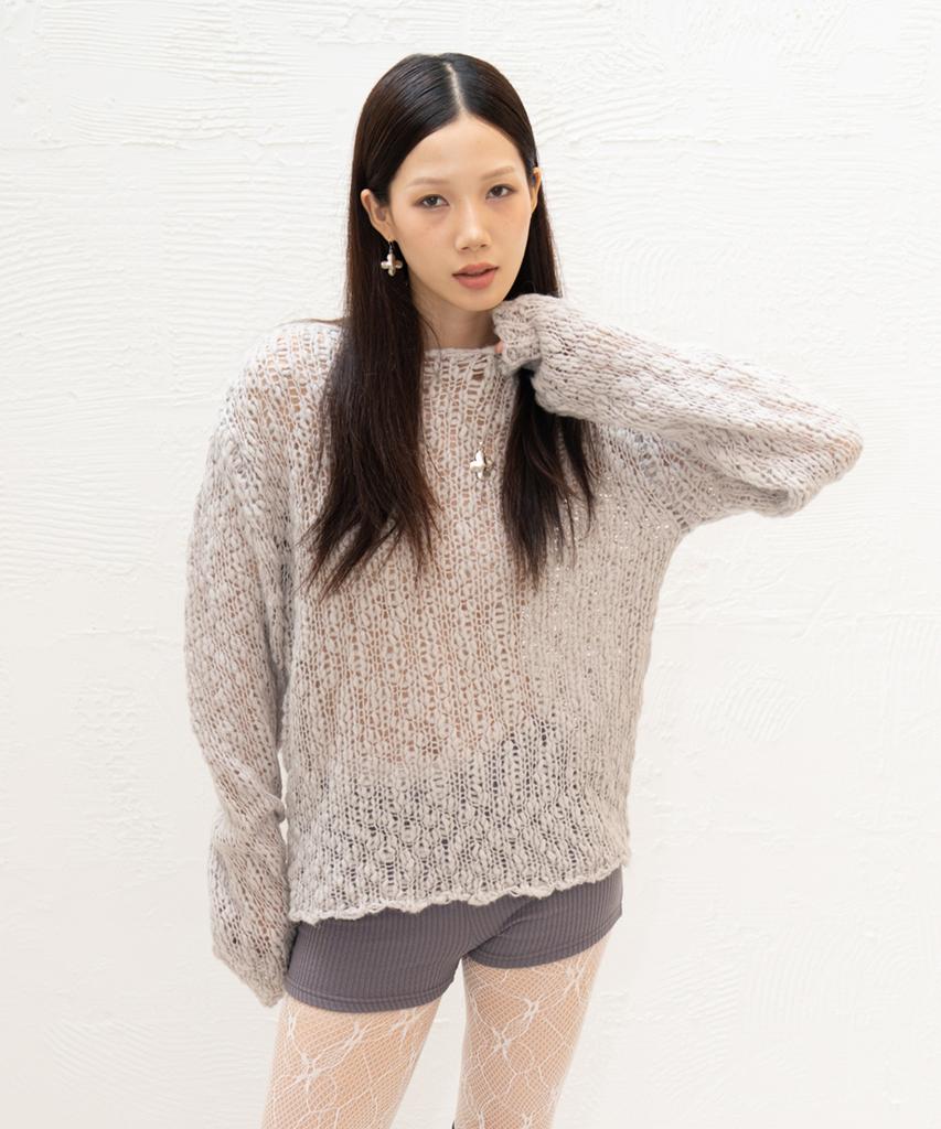 Atiseuteukeompeullegseu Artist Boat Neck Loose-Weave Knit (Grey)