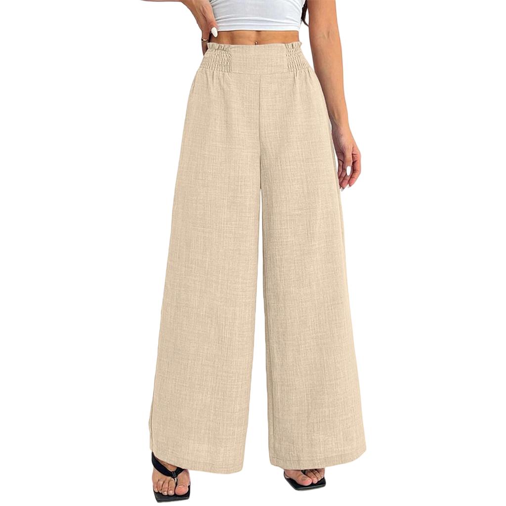 High Waist Wide Leg Pants for Women Elastic Waistband Loose Fit Lightweight Linen Trousers Casual Style