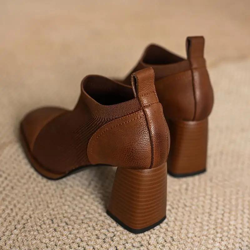 Mode Retro Gespleißte High Heels Damen 2024 Herbst Gestrickt Gespleißte Quadratköpfige High Heels Pendler Damenschuhe Zapatos Mujer Traf
