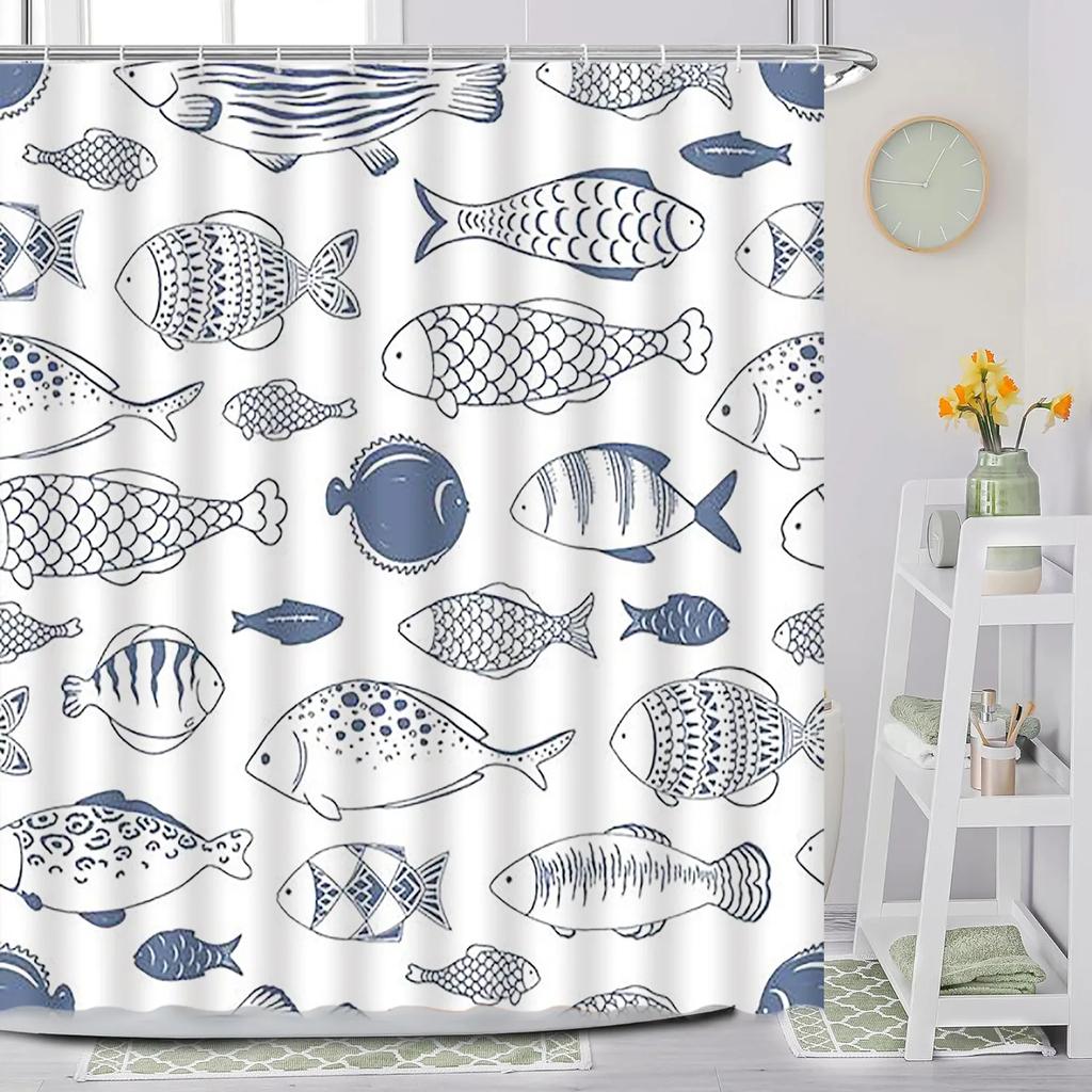 Lustiger Fisch Duschvorhang, Cartoon Ozean Handgemalt Blau Kinder Niedliches Tier Wal Druck Stoff Badezimmer Dekoration mit Haken