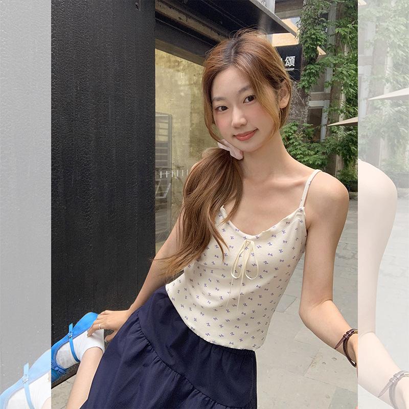 Design Sense Bow Lace-up Fungus Edge Sling Vest Women's Summer New Pure Desire Style Versatile Small Top