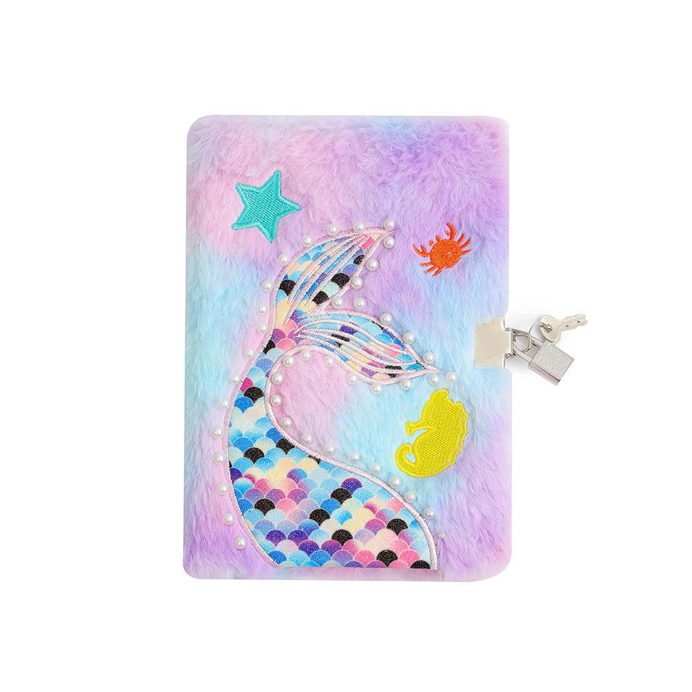 SYC Plush Mermaid Fluffy Paper Cover Notebooks Kids Custom Diary with Padlock for Children Journal Set 80 Sheets