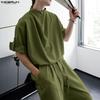 INCERUN Two Piece Suit Men Mockneck Half Sleeve Shirts Trousers Casual Loose Sets