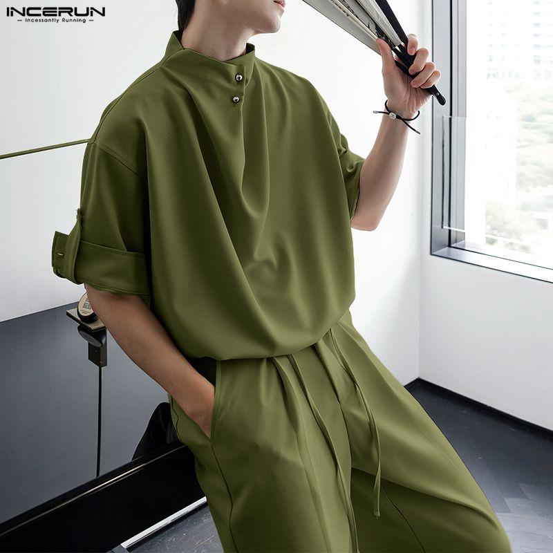 INCERUN Two Piece Suit Men Mockneck Half Sleeve Shirts Trousers Casual Loose Sets