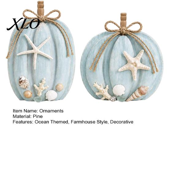Rustic Farmhouse Style Gift Ideas 2Pcs Coastal Pumpkin Decor, Blue Wood Sign, Fall Seasonal Holiday Tabletop Figurines Table Centerpiece for