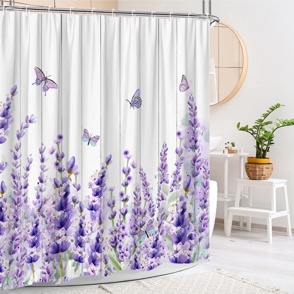 Floral Shower Curtain Purple Lavender Farm Green Leaf Butterfly Rustic Wood Panel Modern Polyester Fabric Bathroom Decor Curtain