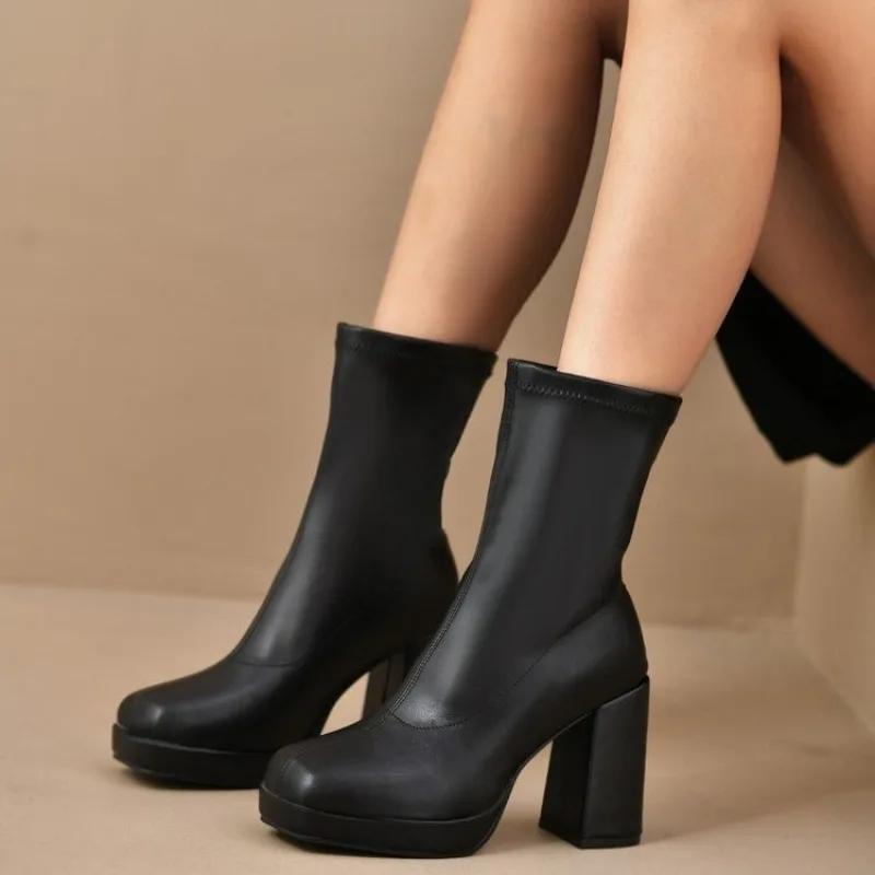 Fashion Women's Fashion Boots Autumn Winter High Heel Slip-on Round Toe Thick Heel Low Tube Leather Boots Comfortable Polyurethane Shoes