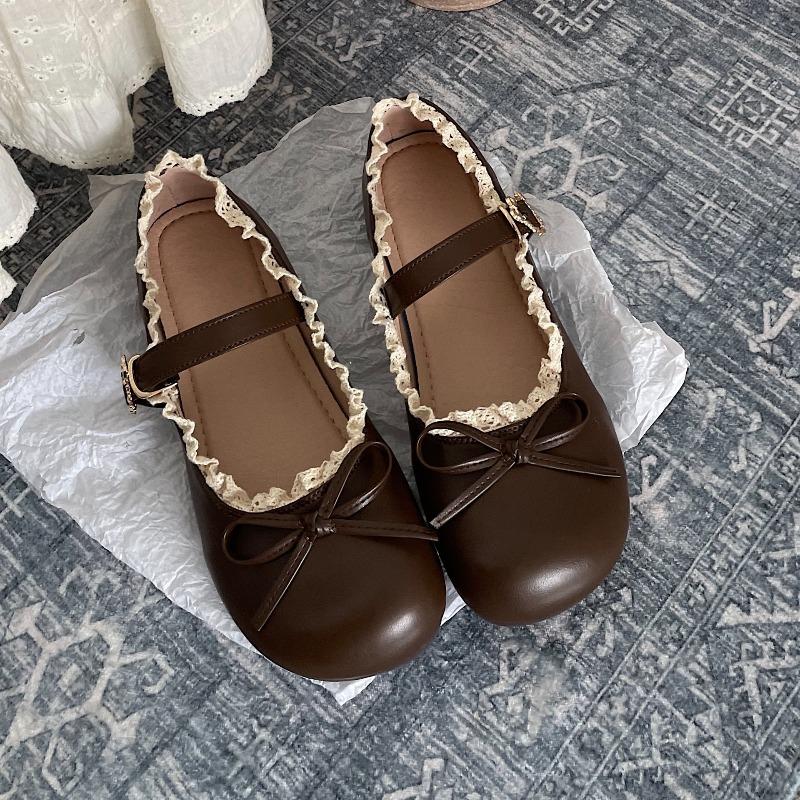 Women's Flat Shoes Vintage Round Toe Elegant Bow Lace Ruffled Ballet Shallow Flats Fashion Comfortable Soft Mary Jane Shoes