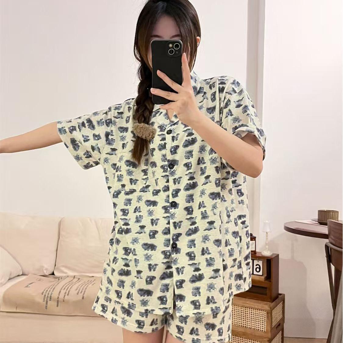 

Cute cartoon ink painting puppy pajamas women s summer short-sleeved shorts set student dormitory can wear loungewear outside s [recommended weight 35-40kg]