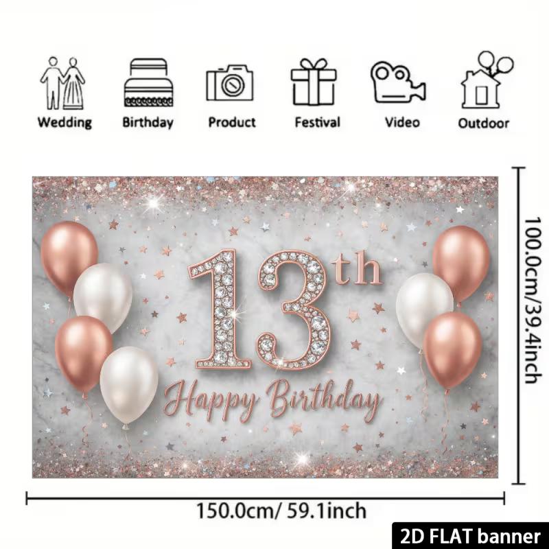 2D Diamond 13th Birthday Backdrop - Rose Gold Glitter Banner for Girls 13th Birthday Photoshoot