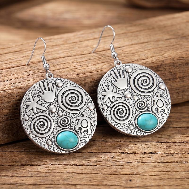 Creative Ethnic Round Carved Drop Earrings for Women Retro Personality Texture Geometric Dangle Earrings Boho Vacation Jewelry
