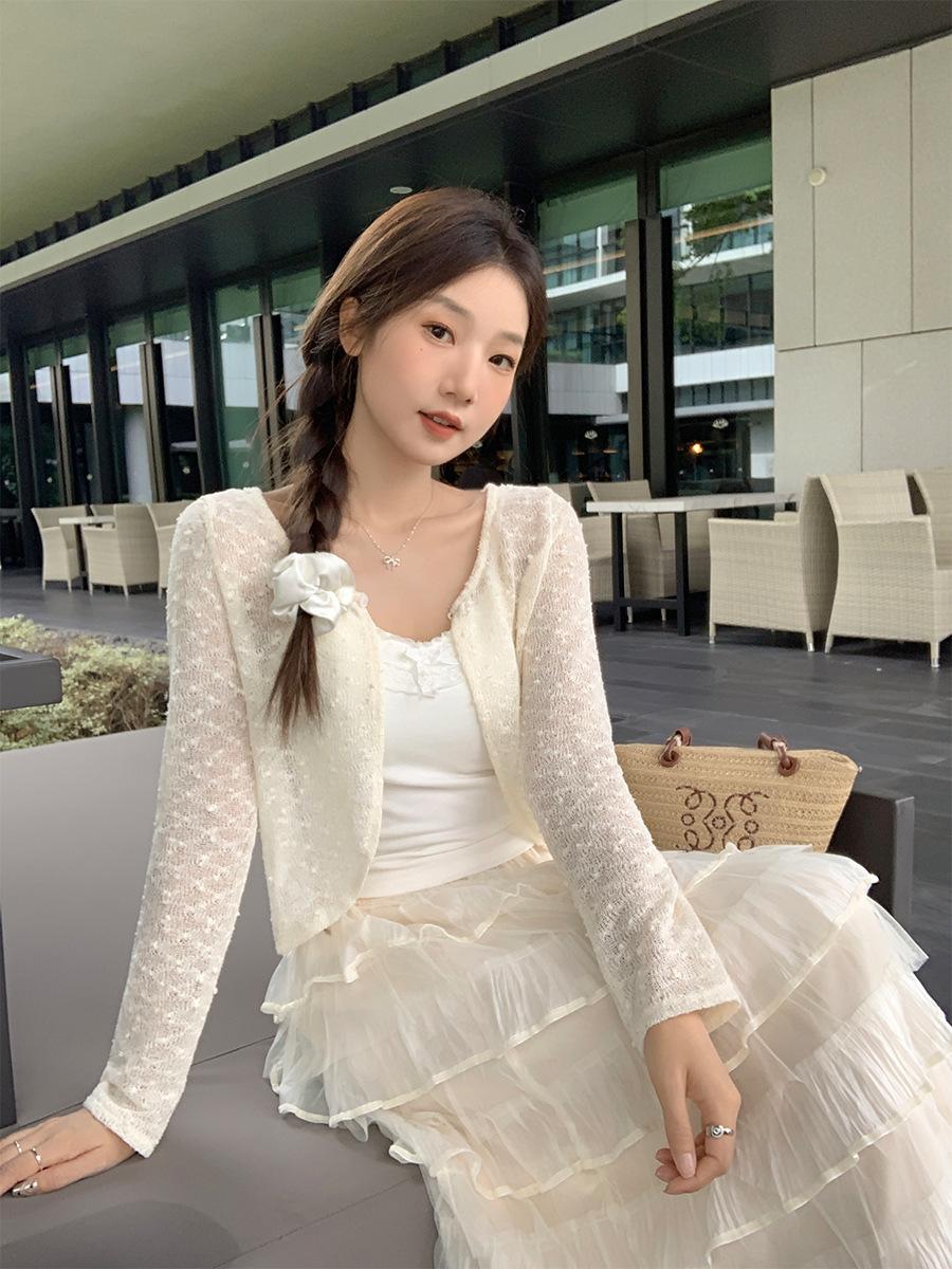 

Pure desire to hollow out three-dimensional lace mesh long-sleeved t-shirt women s summer new cardigan sunscreen blouse top S грязно-белый