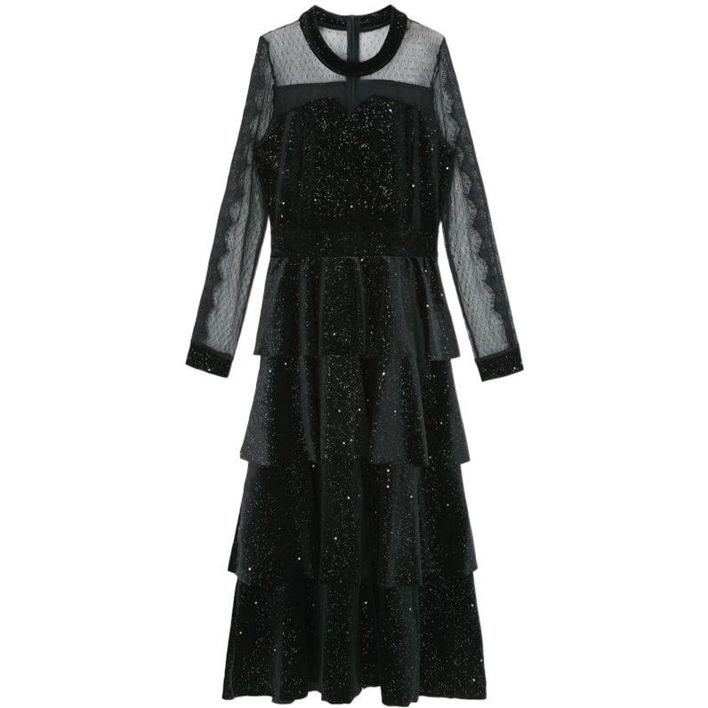 2026 A/W Sequined Mesh Patchwork Gold Velvet Slimming Dress