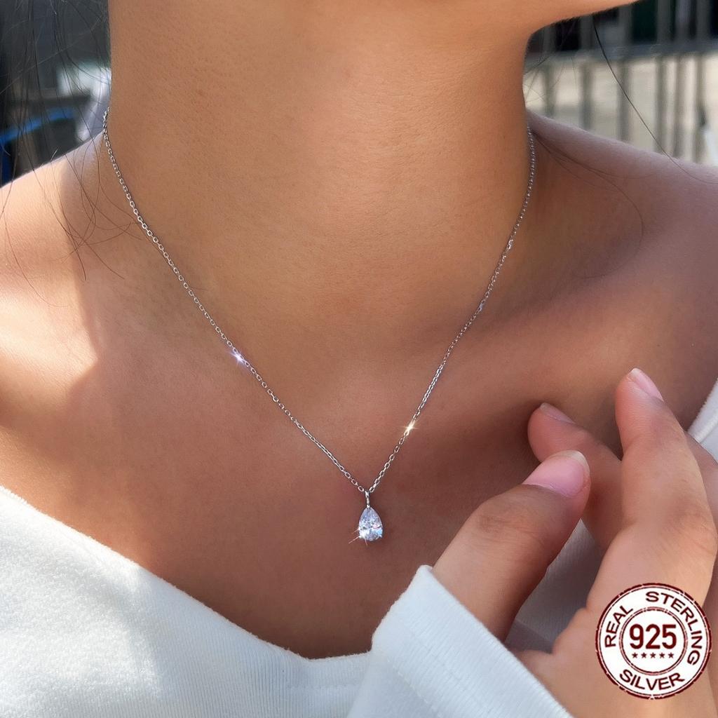 Classic Minimalist 925 Sterling Silver White Waterdrop Chain Pear Cut Single Zircon Pendant Necklace for Girl Daily Fine Jewelry