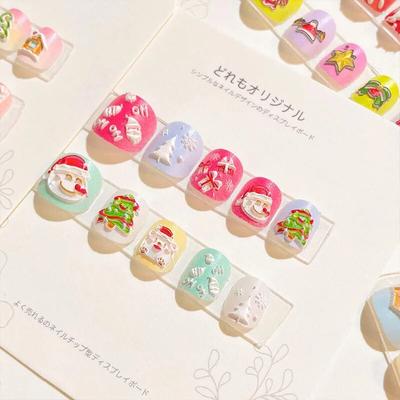 12Pcs False Nails Kids Press On Fake Nails, Cartoon Christmas Cute Pre Glue Full Cover Tips for Children Nail Decoration