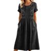 Women's Cotton And Linen Embroidered Printed Round Neck Pocket Short Sleeved Dress
