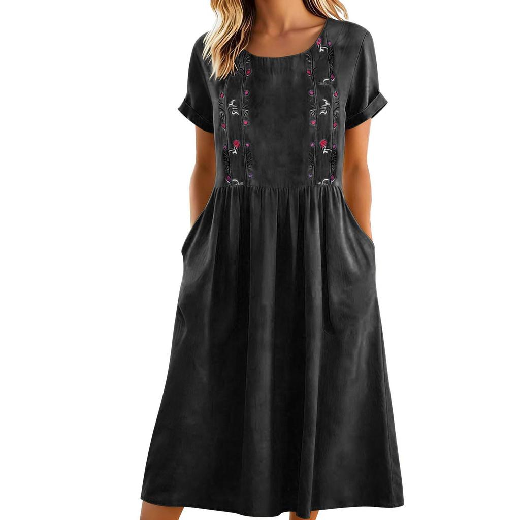 Women's Cotton And Linen Embroidered Printed Round Neck Pocket Short Sleeved Dress