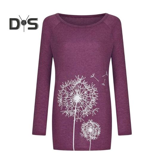 Women's Plus Size Tunic Top Dandelion Print Longline Shirt Crew Neck Long Sleeve Pullover Tee Casual Loose Fit Blouse for Work Daily Life