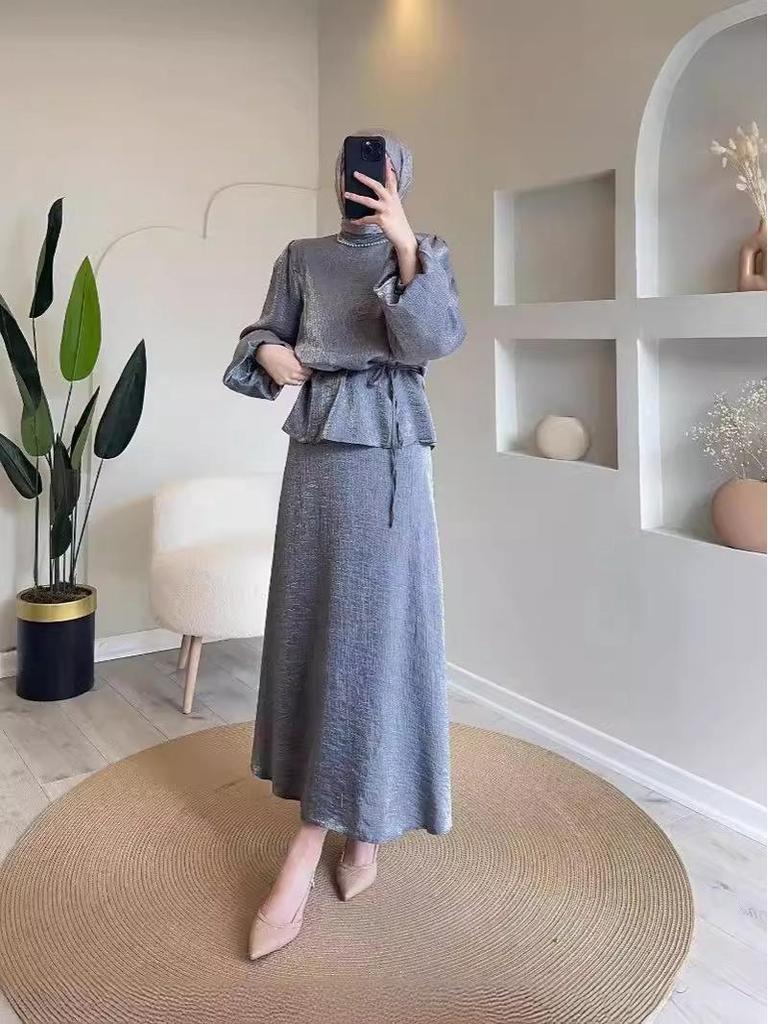 2024 Spring Women's Muslim Set: Elegant Solid Color Half Skirt with Tie