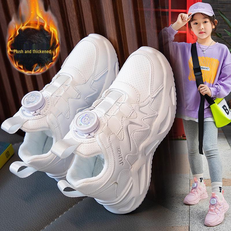 2024 Spring Girls' Spinning Button Sports Shoes - Trendy Dad Style, Soft Sole, White for Kids