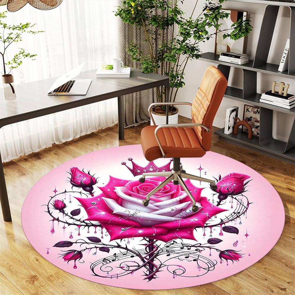 1pc Rose Crown Round Chair Mat Area Rug - Non-Slip, Floor Mat for Office, Bedroom, and Indoor Decor -1002185