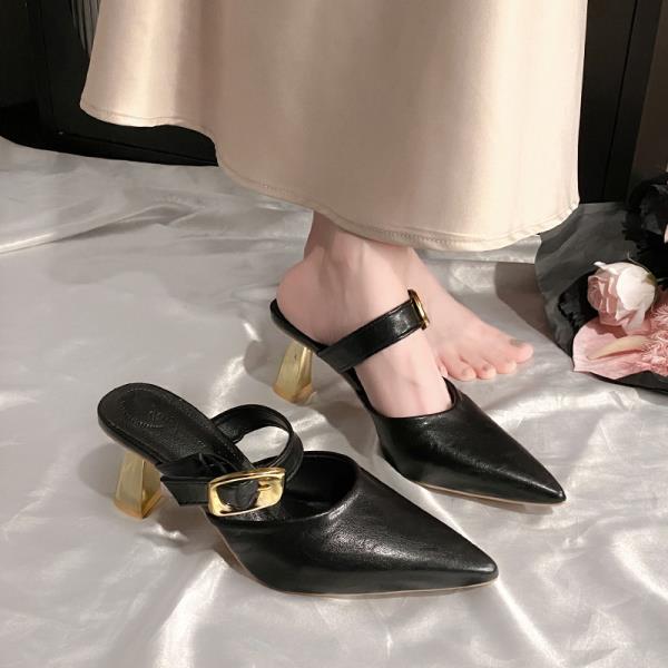 Fashion Shoes Woman's Slippers Cover Toe Square Heel Slides 2025 Summer Block Pointed Shoes Woman's Slippers Square Heel Pointed Toe Sli