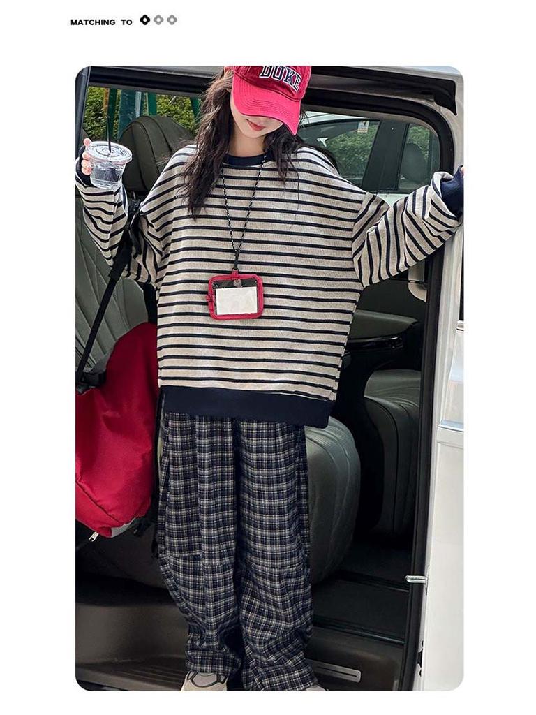 Girls' Plaid Fleece Sweatshirt & Wide-Leg Pants Set - Autumn/Winter Fashion
