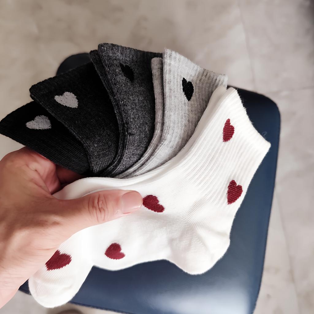 High Quality10pcs 5 Pairs Women'S Mid-Calf Socks with Heart Pattern, Calf Socks - Elegant Heart Pattern Design, Featuring a Heart Pattern In Fabric -