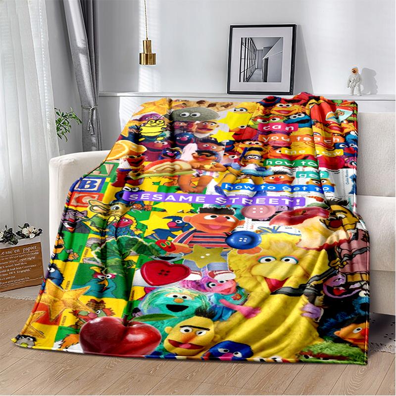 S-Sesame Street TV Cute Cartoon Flannel Blanket Soft Warm Throw Blanket for Bedroom Living Room Bed Travel Camping Picnic Gift
