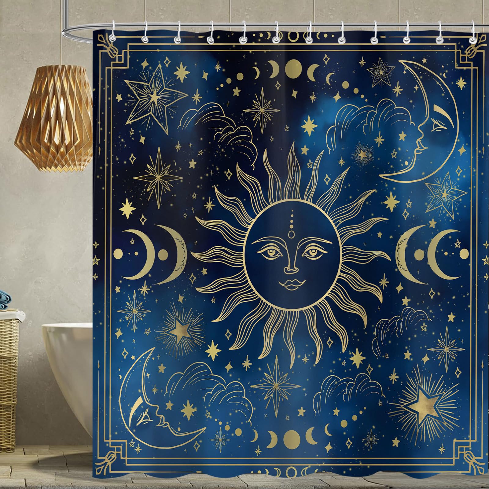 Celestial Blue Gold Sun Moon Printed Shower Curtain Boho Mystic Zodiac Galaxy For Bathroom Decor W60H190(CM)-1 Pcs