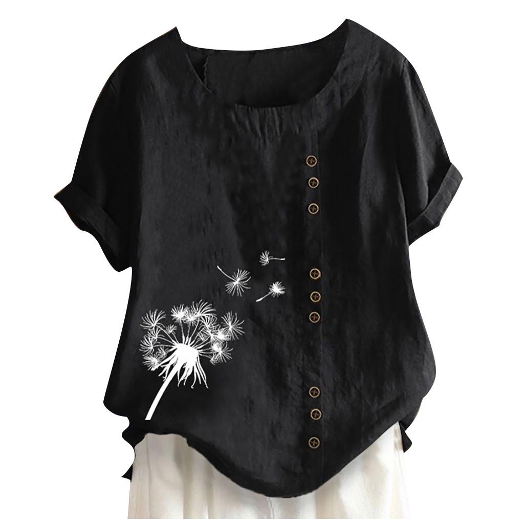 Kvinner Knapper Kortermet Blomstertrykk Knapper Bomull Lin Vintage Topp