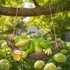 Hanging Frog Figurine, Resin Hammock Frog Ornament Holding Beer Mug, Garden Cute Frog Statue for Patio Balcony Decoration